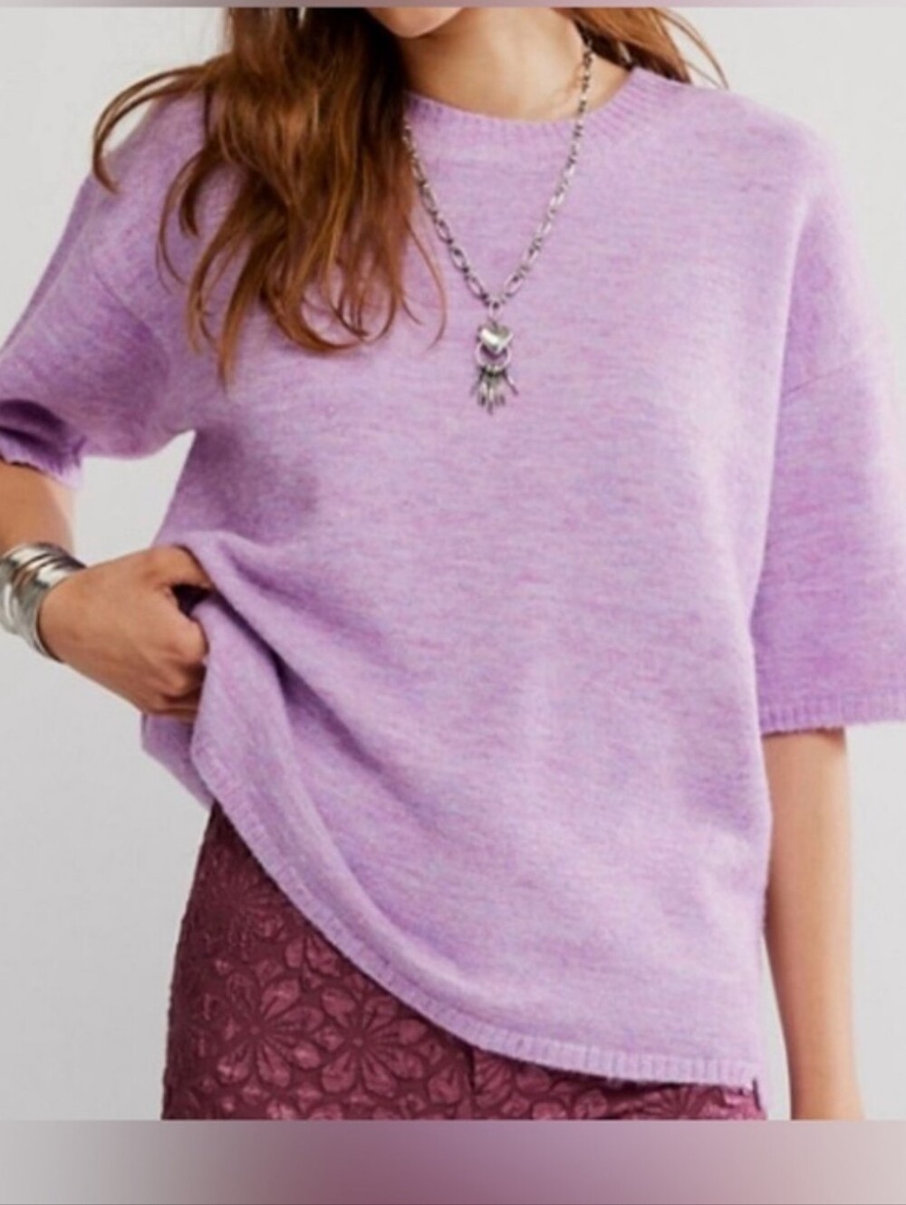 Free People Lilac Crewneck Short-Sleeve Sweater